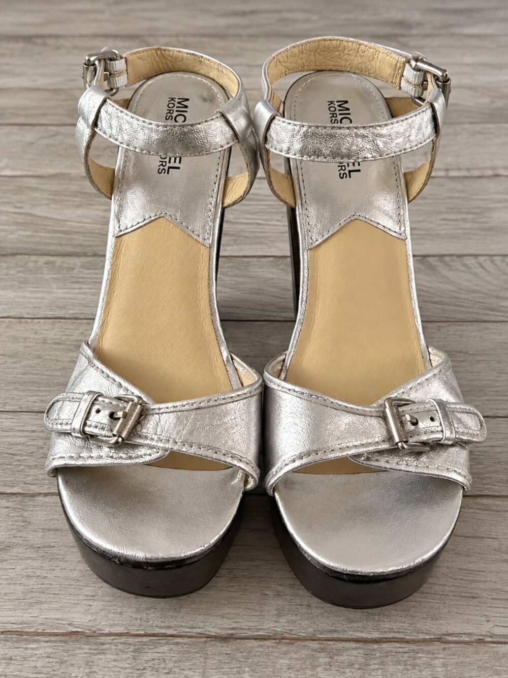 Michael Kors Silver Metallic Black Platform Block Heel Sandals Size 7.5M